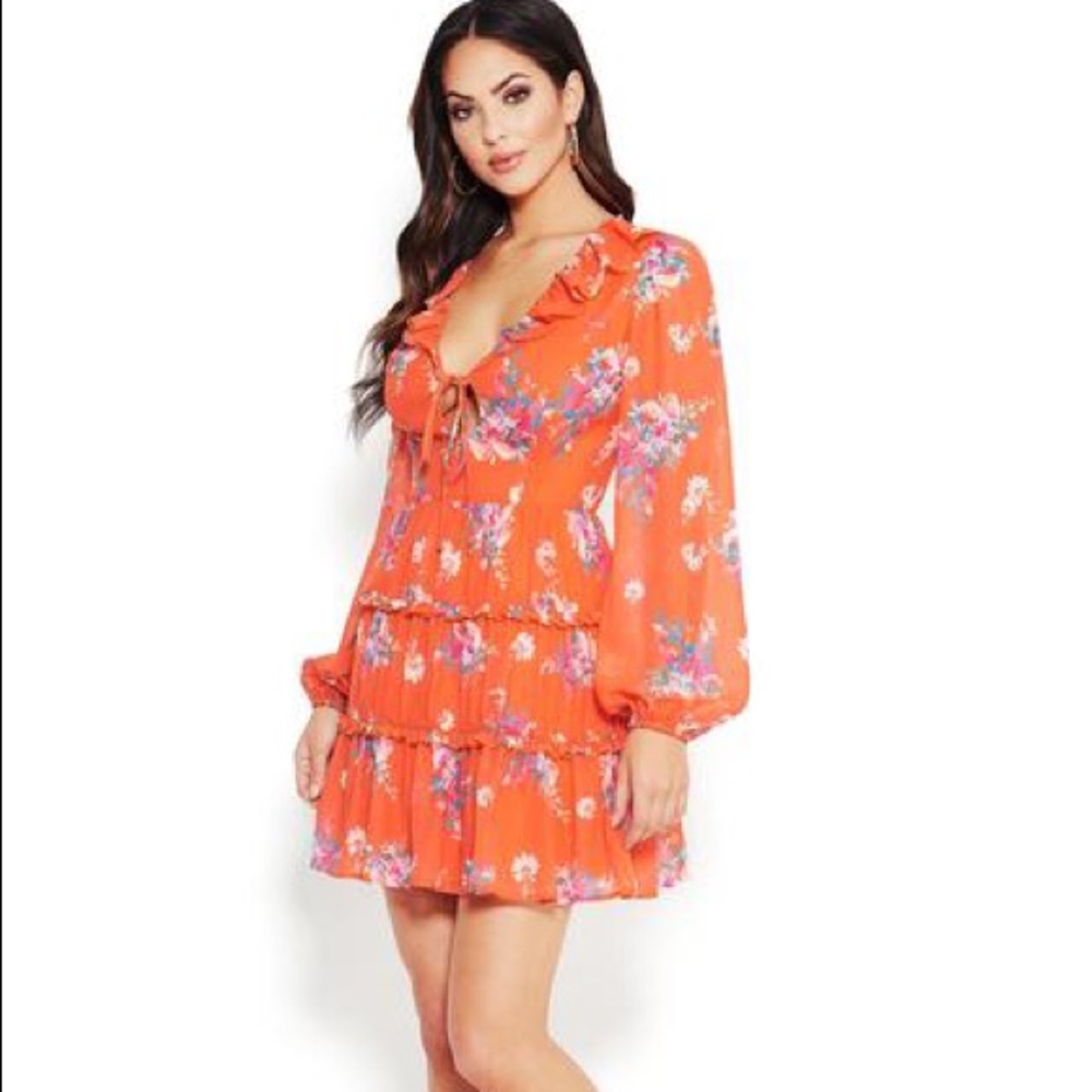 Bebe Printed ruffle mini dress